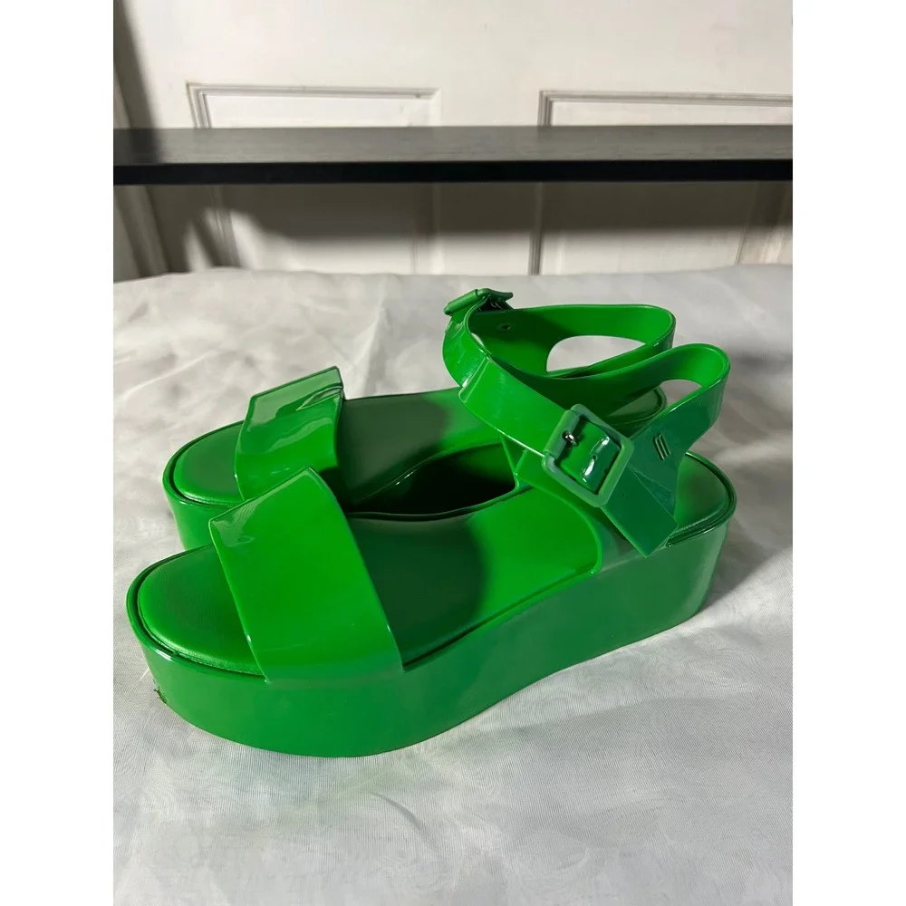 Melissa Platform Jelly Sandals Size 7 Retro Chunky Green PVC Buckle Strap